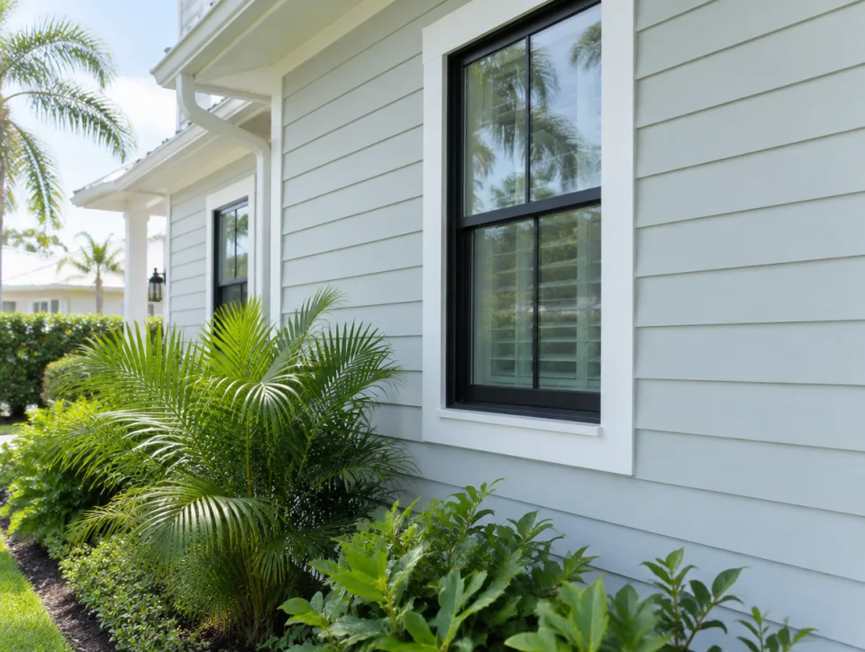 Illustrative home exterior with windows, pale siding and tropical planting
