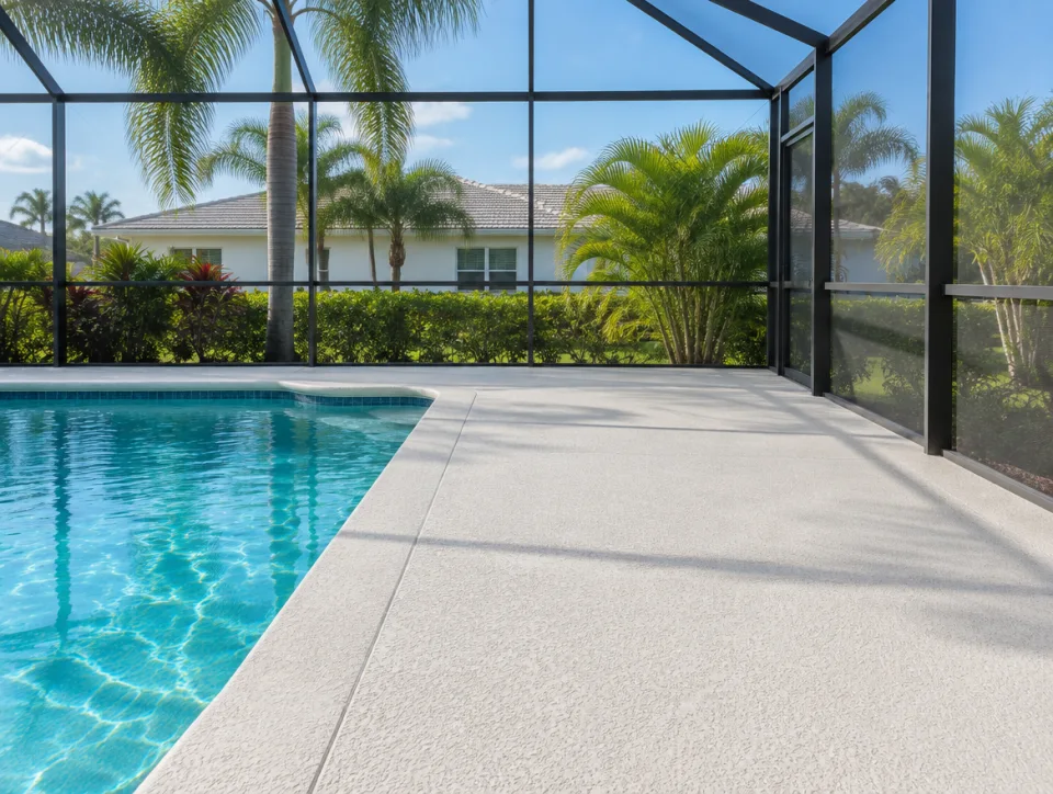 Illustrative sunny pool deck and screen enclosure